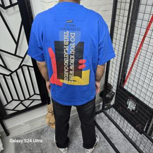 Mavi İki İplik Baskılı T-Shirt