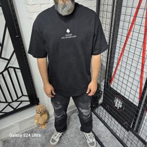 Siyah İki İplik Baskılı T-Shirt